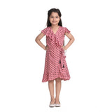 Pink polyester crepe printed flutter V-neck dress for girls, knee-length style