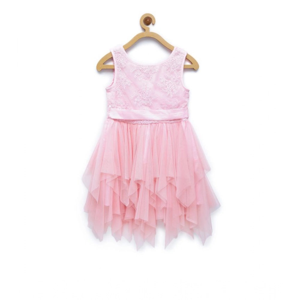 Light pink polyester net floral printed sleeveless round neck dress for girls, ideal for casual events
