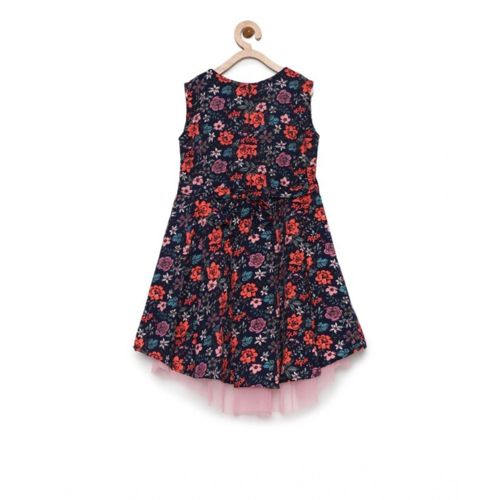 Multicolor polyester crepe embellished knee-length dress for girls, sleeveless round neck design