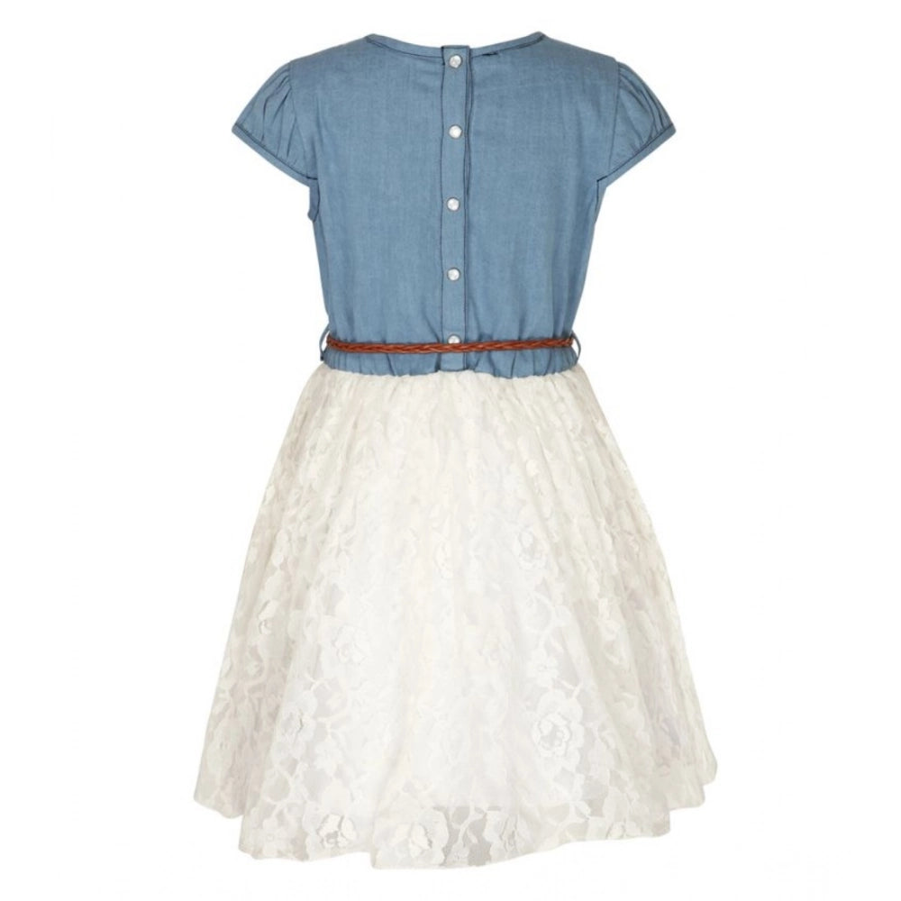 White denim embroidery short sleeve round neck dress with intricate detailing