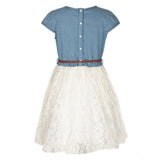 White denim embroidery short sleeve round neck dress with intricate detailing