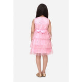 Pink net embellished sleeveless round neck dress for girls, featuring intricate detailing and knee-length style