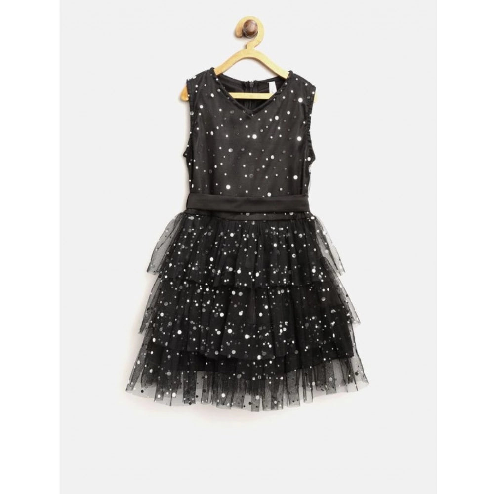 Black embellished net sleeveless v-neck dress for girls, intricate design on display