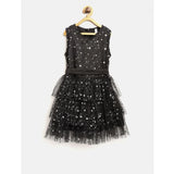 Black embellished net sleeveless v-neck dress for girls, intricate design on display