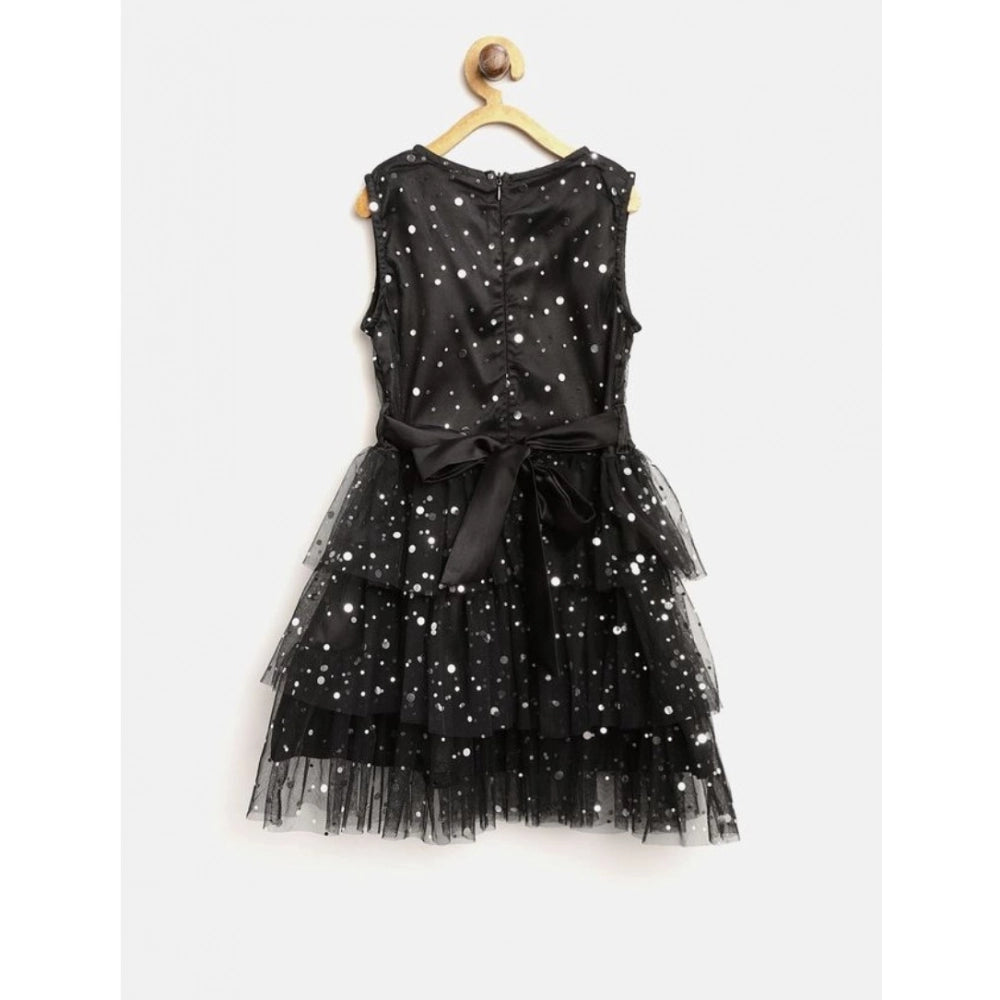 Black embellished net sleeveless v-neck dress for girls, intricate patterns and details visible