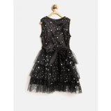 Black embellished net sleeveless v-neck dress for girls, intricate patterns and details visible