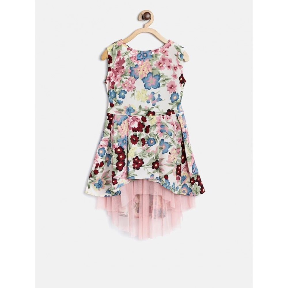 Multicolor polyester crepe printed short sleeve round neck girls dress, vibrant and fashionable party attire