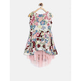 Multicolor polyester crepe printed short sleeve round neck girls dress, vibrant and fashionable party attire