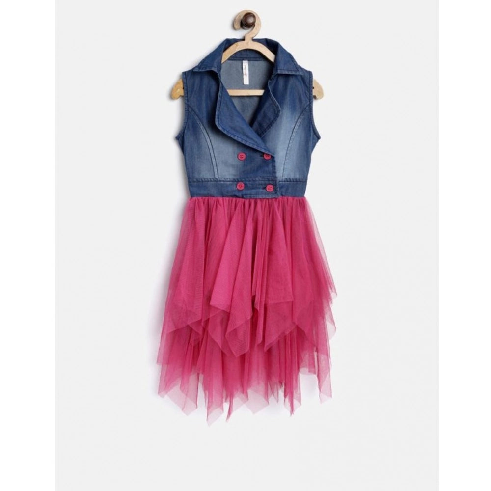 Blue-Pink polyester crepe-net knee length dress with solid pattern and shoulder straps, shirt collar style for girls clothing