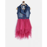 Blue-Pink polyester crepe-net knee length dress with solid pattern and shoulder straps, shirt collar style for girls clothing