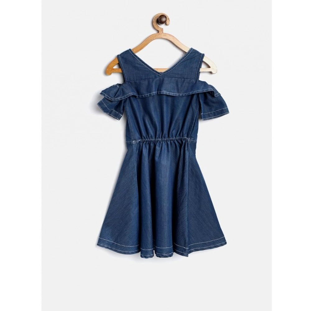 Blue denim floral print bell sleeve halter neck dress with knee length