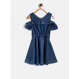 Blue denim floral print bell sleeve halter neck dress with knee length
