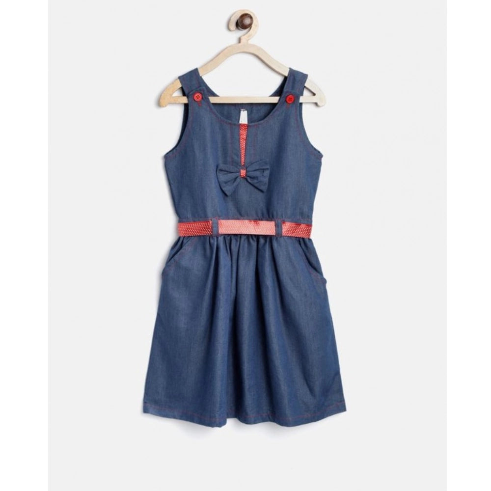 Blue denim girls' knee-length sleeveless round neck dress
