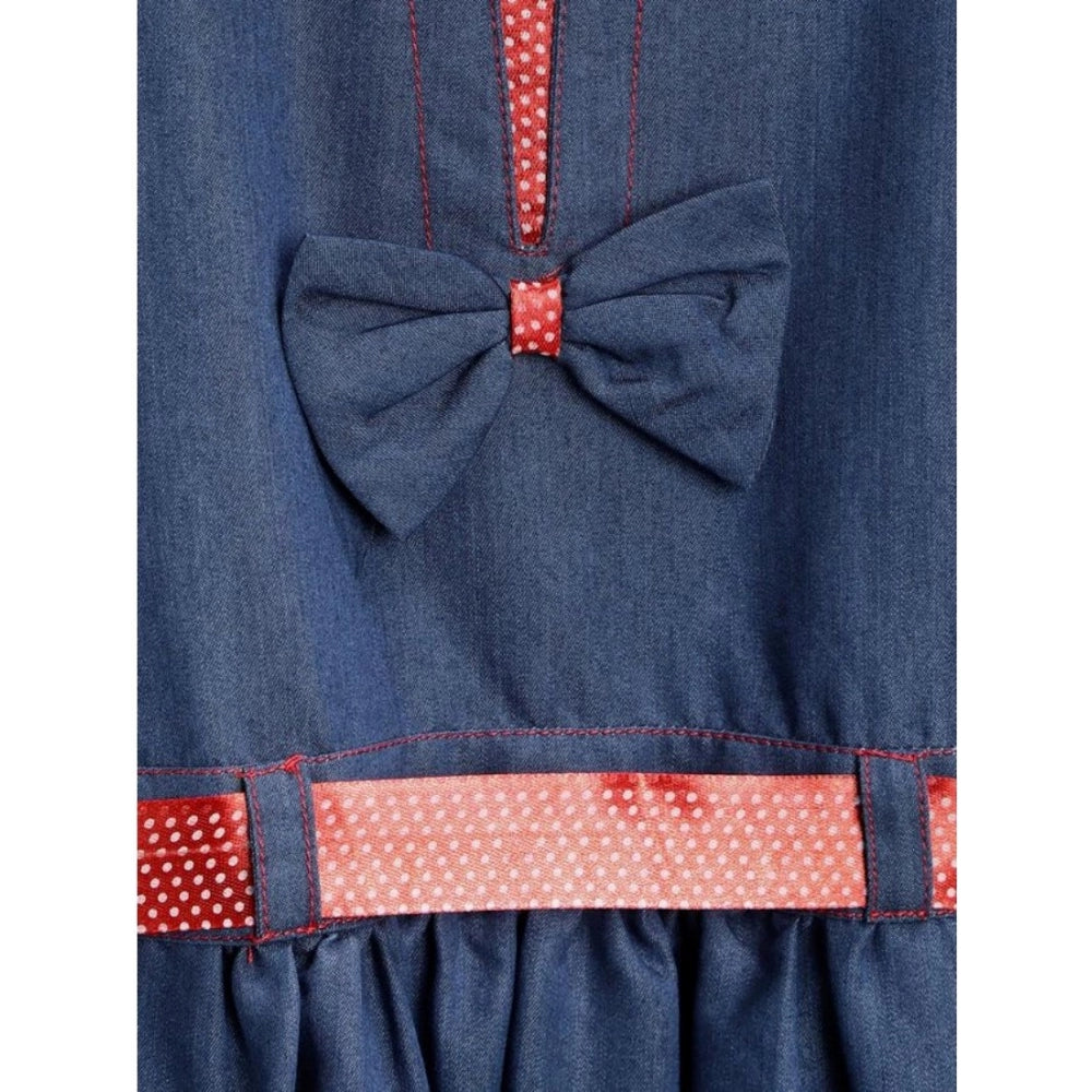 Blue denim solid sleeveless round neck dress for girls, knee-length style