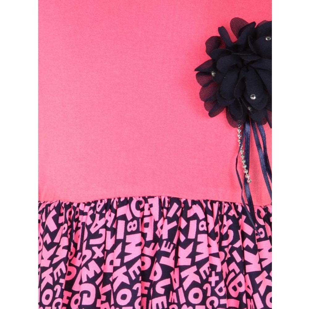 Pink polyester crepe embellished short sleeve round neck dress for girls