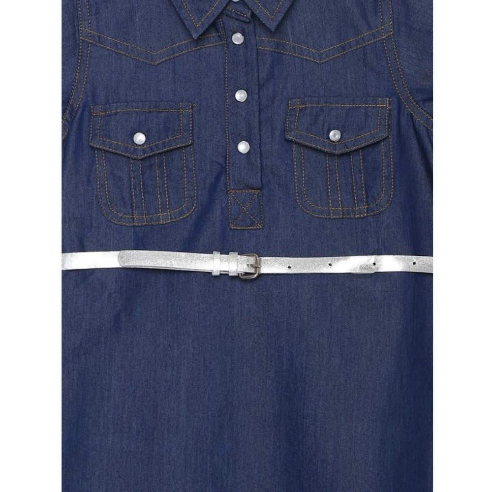 Blue denim solid short sleeve shirt collar dress for girls with knee-length