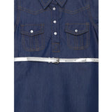 Blue denim solid short sleeve shirt collar dress for girls with knee-length
