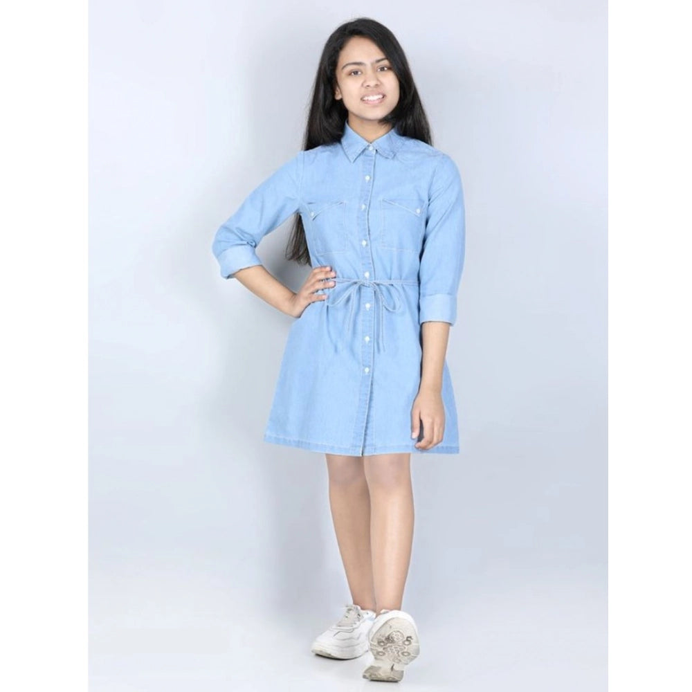 Blue denim girl's long sleeve shirt collar dress, solid pattern on model