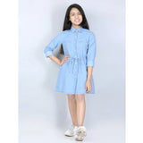 Blue denim girl's long sleeve shirt collar dress, solid pattern on model