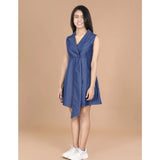Blue denim sleeveless shirt collar dress for girls, solid pattern, above knee length