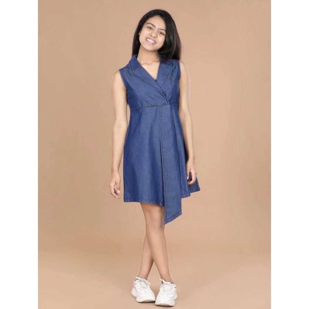 Blue denim solid sleeveless shirt collar dress for girls