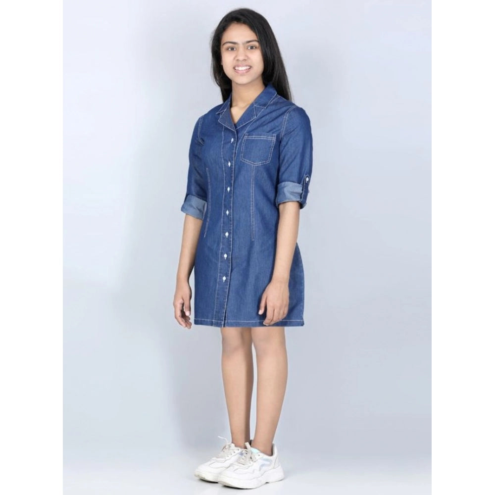 Blue denim girl's long-sleeved shirt dress with solid pattern and collar neck, displayed on a hanger