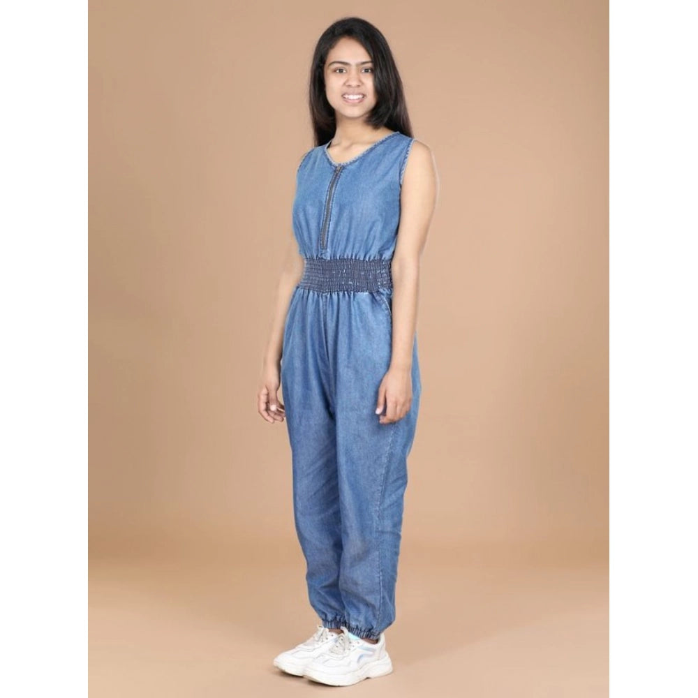 Blue denim solid shoulder straps V-neck dress for girls, full length style
