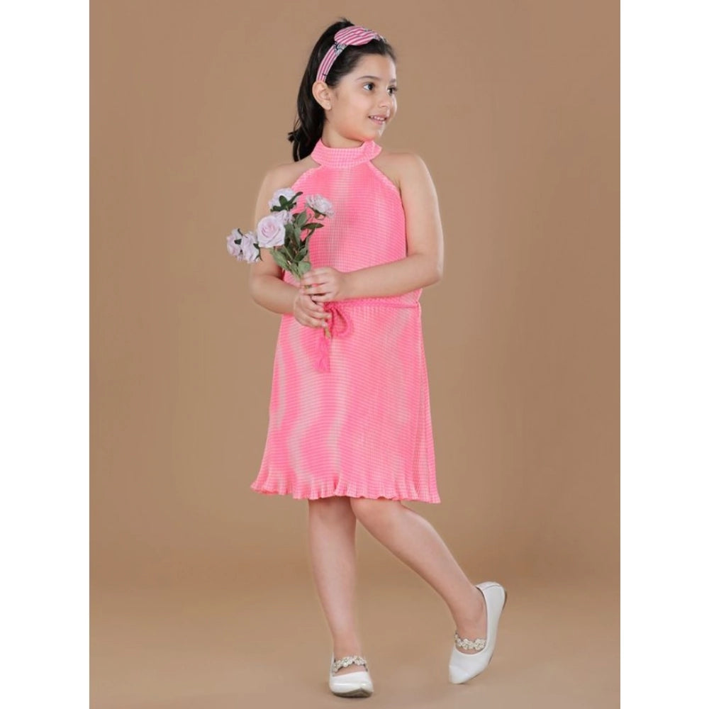 Pink polyester crepe printed sleeveless round neck dress for girls