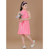 Pink polyester crepe printed sleeveless round neck dress for girls