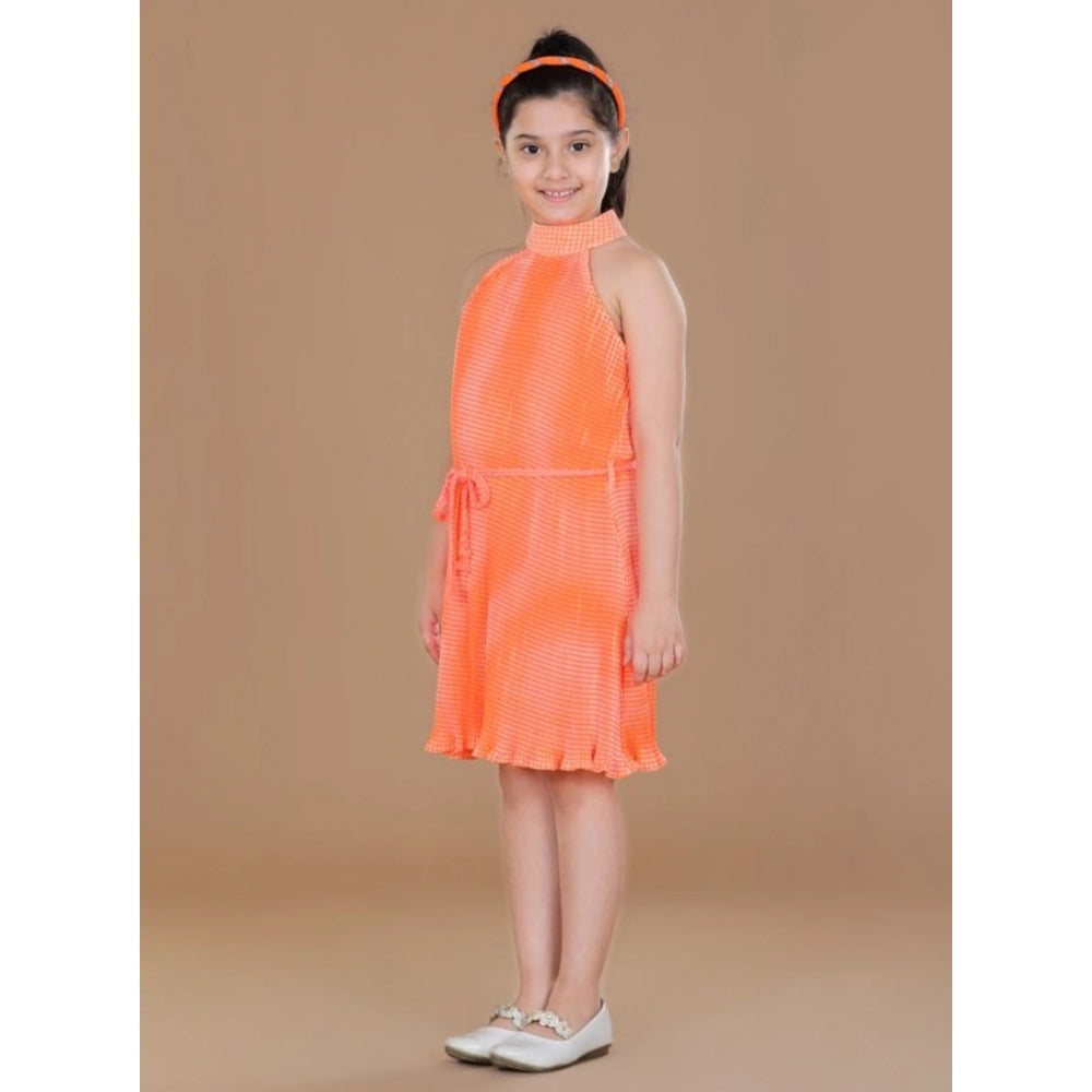 Orange polyester crepe printed sleeveless round neck dress for girls, vibrant pattern detail
