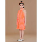 Orange polyester crepe printed sleeveless round neck dress for girls, vibrant pattern detail
