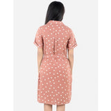 Brown printed polyester short sleeve shirt collar dress for girls, vibrant design on a knee-length silhouette