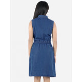 Blue denim sleeveless shirt collar dress for girls, solid pattern and knee length