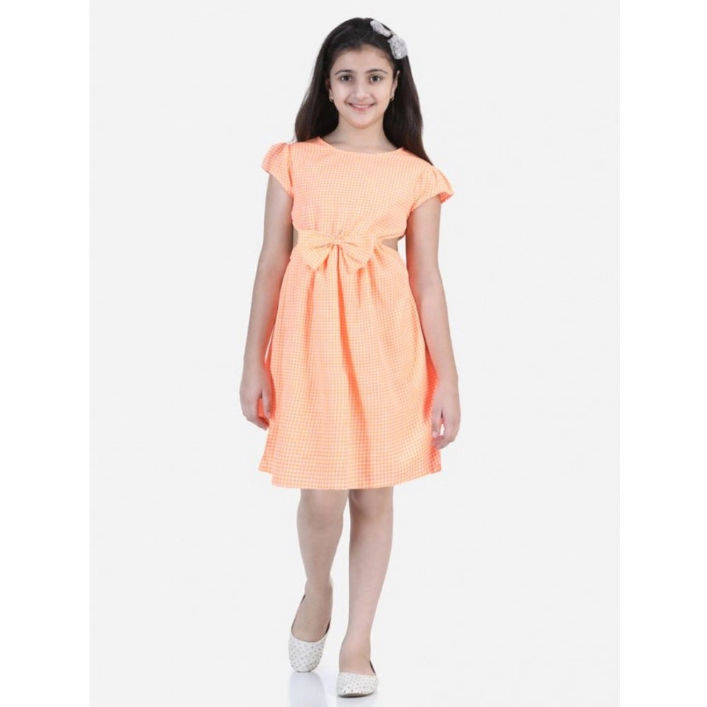 Orange polyester crepe checkered short sleeve round neck dress for girls