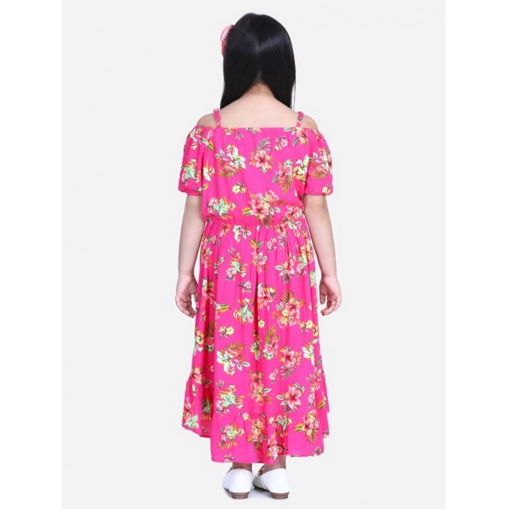 Pink rayon solid short sleeve shoulder straps dress for girls, below knee length fashion wear