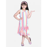 Multicolor polyester crepe striped sleeveless round neck dress for girls, below knee length fashionable outfit