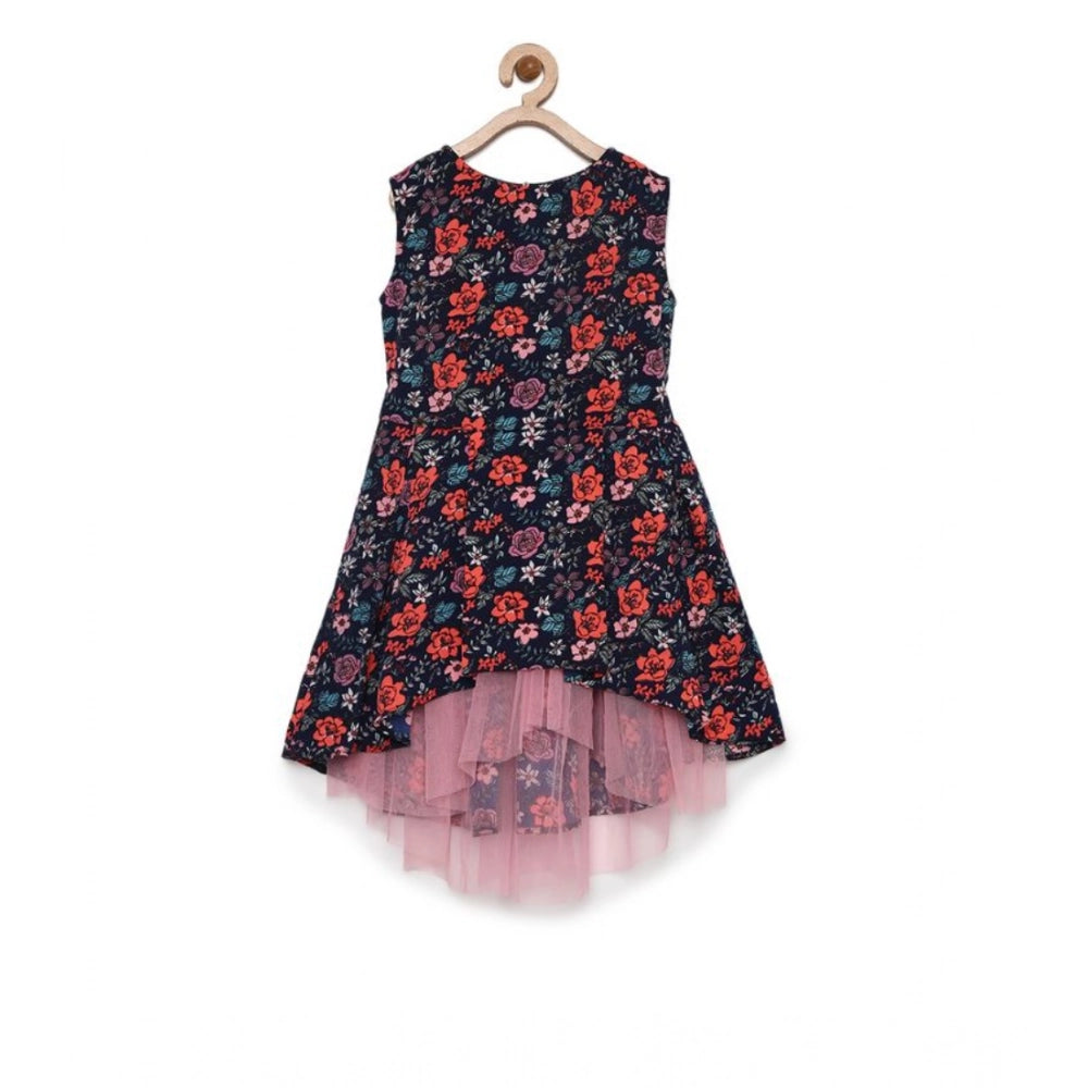 Multi-colored polyester crepe embellished sleeveless round neck dress for girls