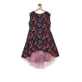 Multi-colored polyester crepe embellished sleeveless round neck dress for girls