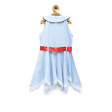 Light blue denim lace sleeveless shirt collar dress, solid pattern with lace trim