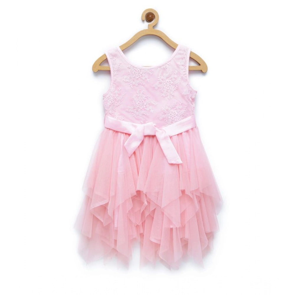 Light pink polyester net floral printed sleeveless round neck dress for girls, ideal for spring/summer outfits