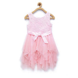 Light pink polyester net floral printed sleeveless round neck dress for girls, ideal for spring/summer outfits