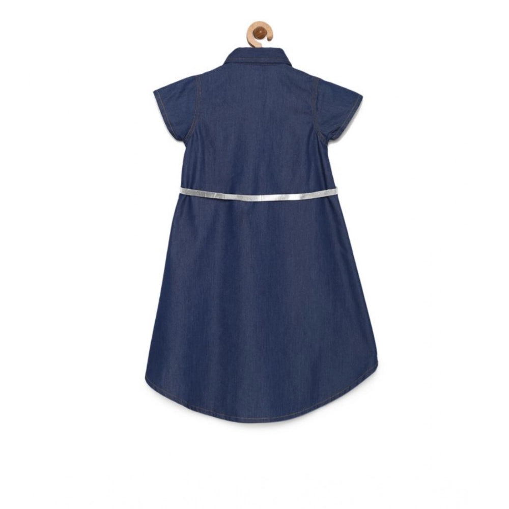 Blue denim solid short sleeve shirt collar dress for girls, knee-length denim fashion on hanger
