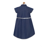 Blue denim solid short sleeve shirt collar dress for girls, knee-length denim fashion on hanger
