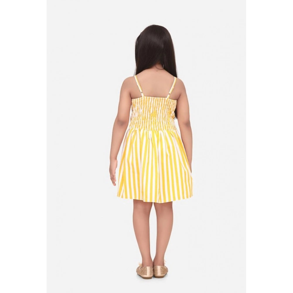 Yellow polyester cotton blend striped sleeveless round neck dress for girls