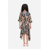 Multicolor rayon striped bell sleeve round neck dress for girls, fashionable above-knee length attire with bell sleeves