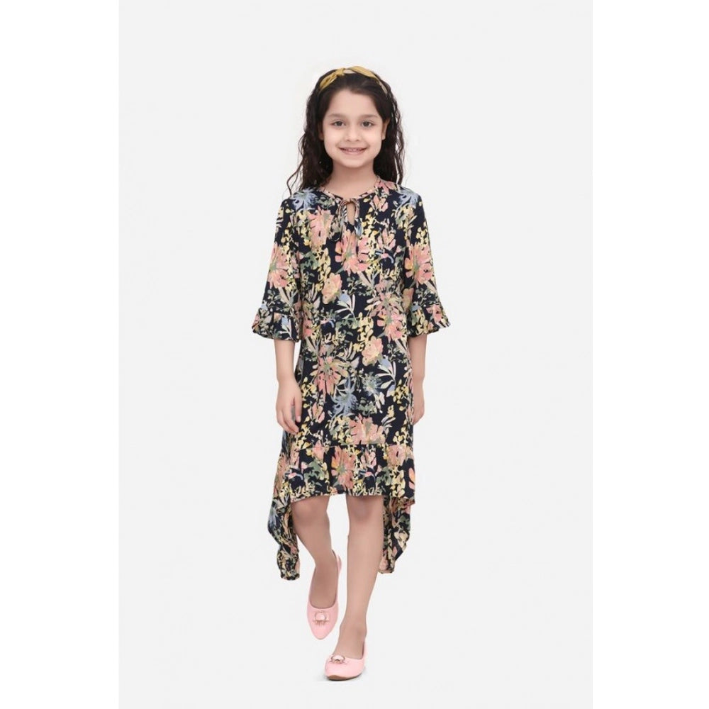 Multicolor rayon striped bell sleeve round neck dress for girls, vibrant patterns on display