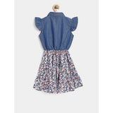 Multicolor denim-cotton striped flutter shirt collar dress, knee length on model