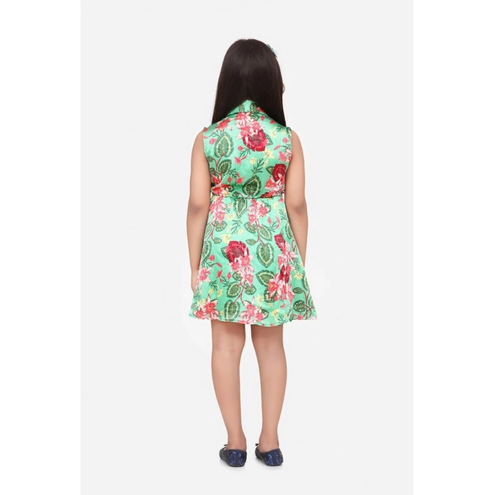Multicolor satin floral printed sleeveless shirt collar dress for girls, knee-length fashion clothing with eye-catching design