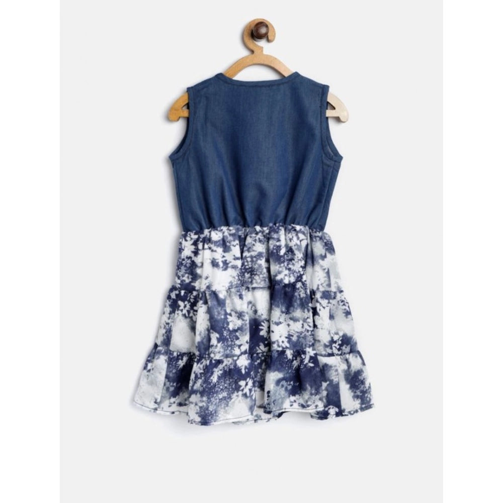 Blue-White denim-polyester crepe sleeveless round neck dress for girls (knee length)