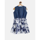 Blue-White denim-polyester crepe sleeveless round neck dress for girls (knee length)